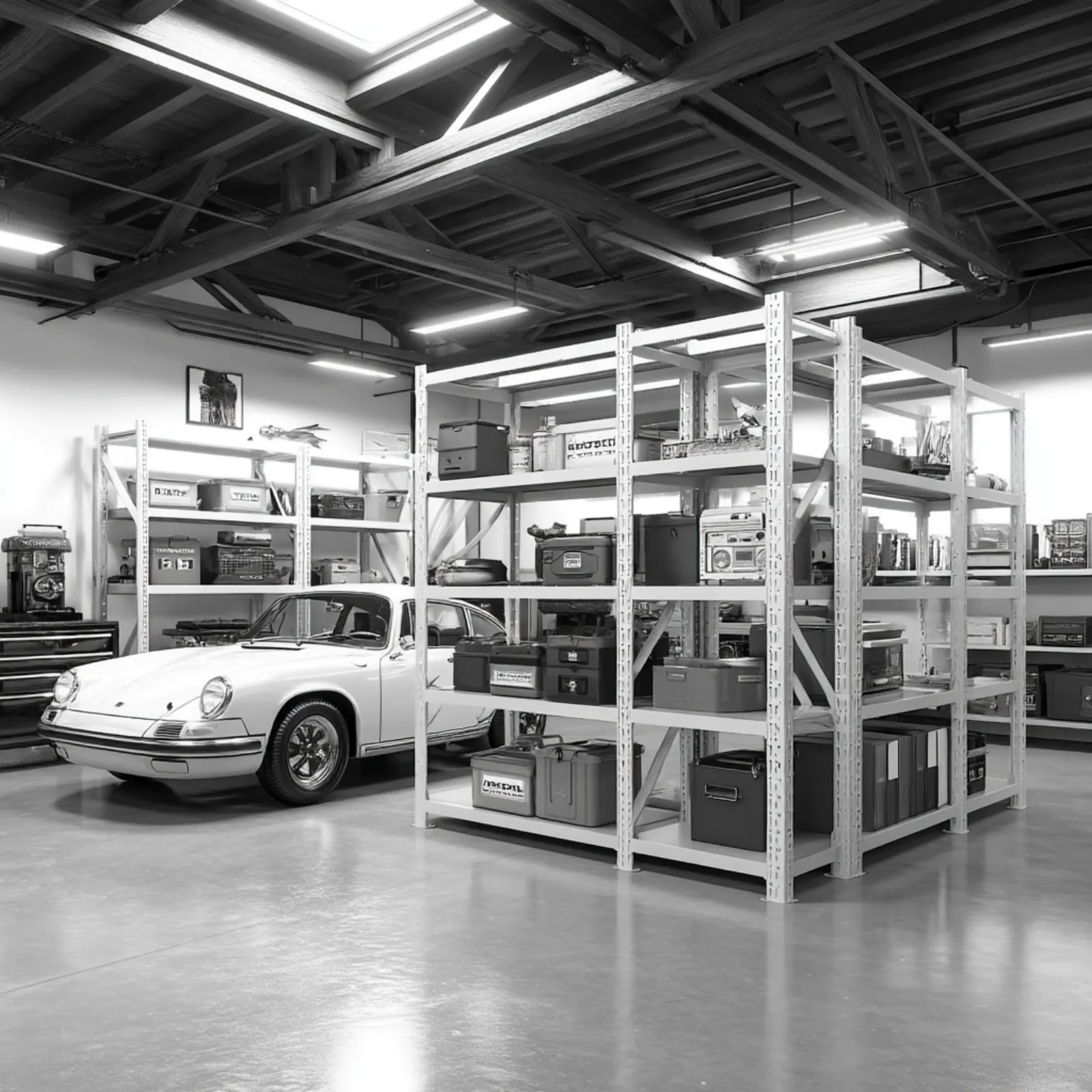 Heavy-duty Arlington shelving holding a motorcycle in a garage